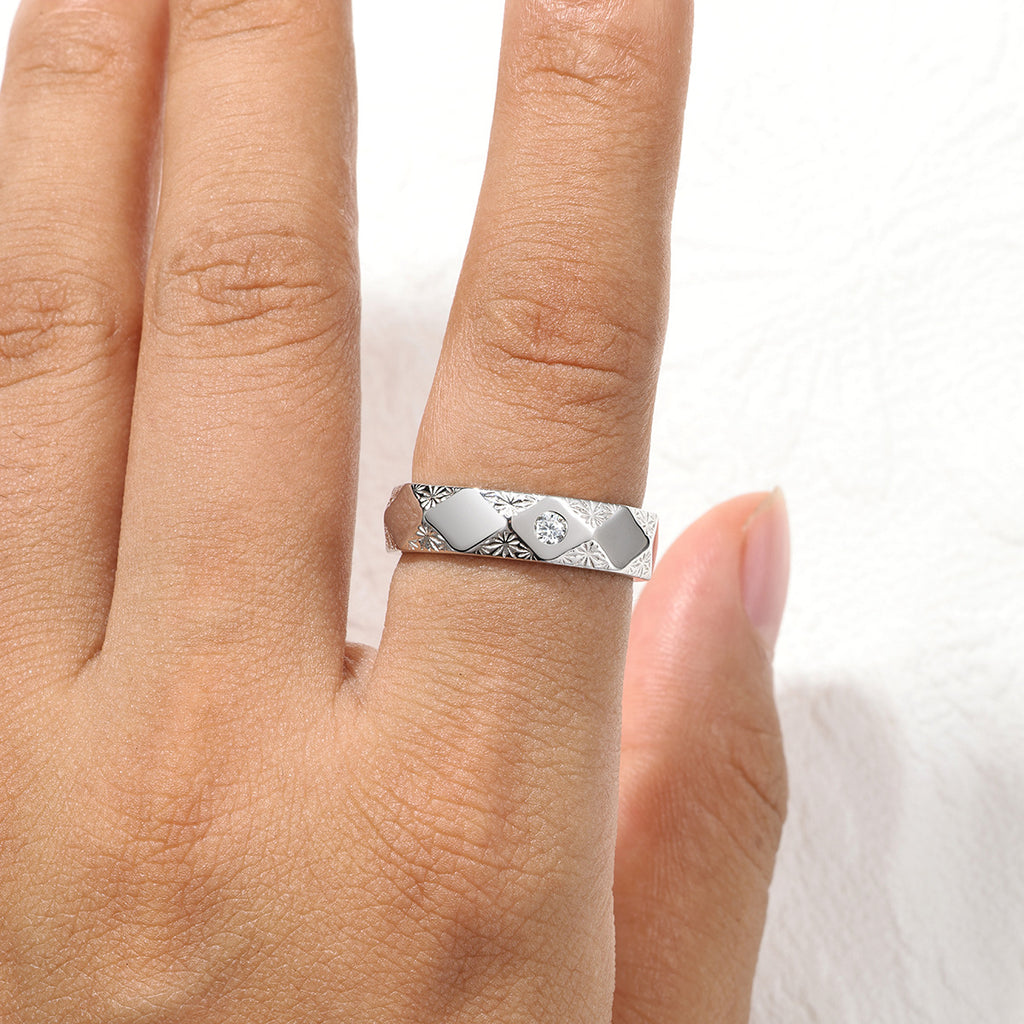 Geometric Faceted Band Moissanite Vintage 925 Sterling Silver Ring