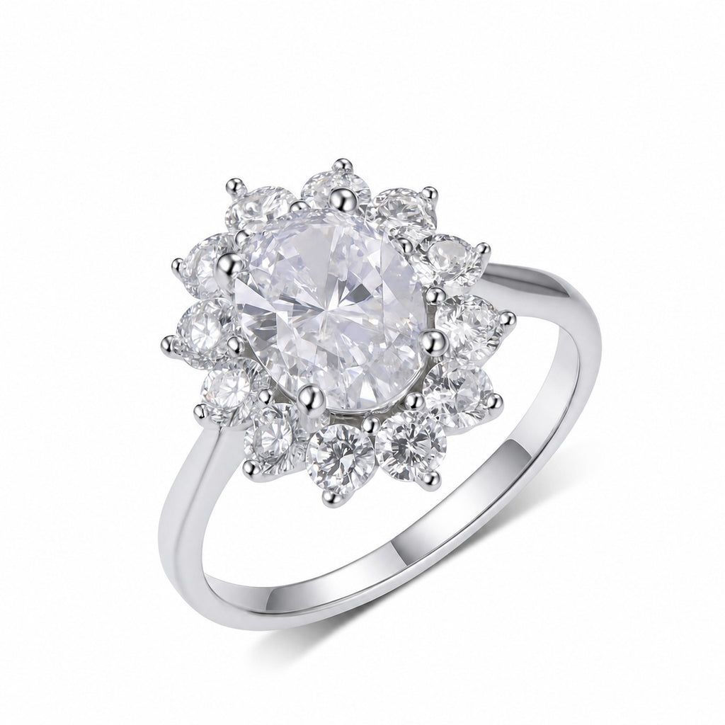Oval Sunflower Halo Moissanite Ring 925 Sterling Silver Ring