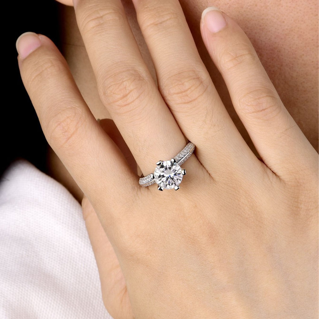 Round Brilliant Moissanite Pave Band 925 Sterling Silver Ring