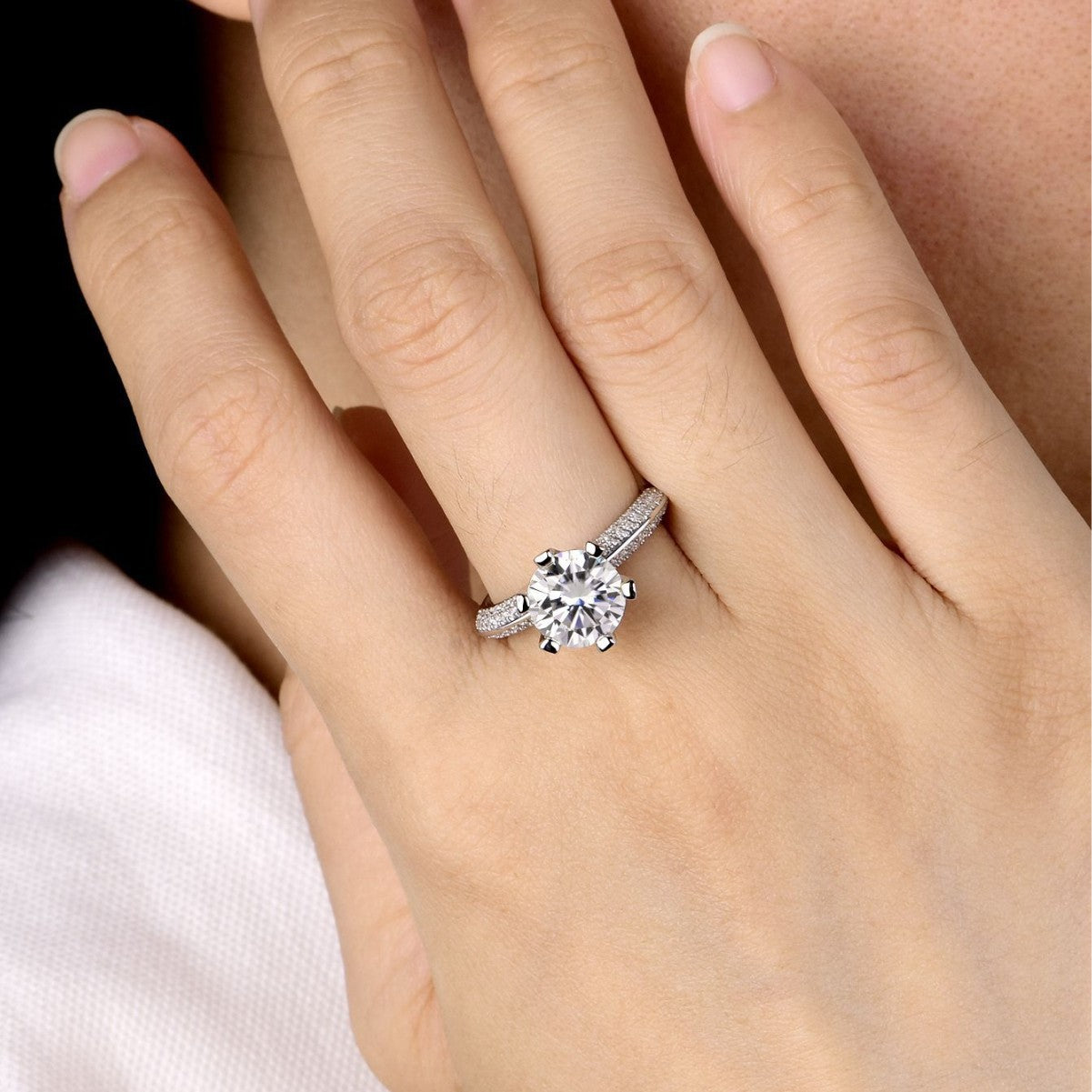 Round Brilliant Moissanite Pave Band 925 Sterling Silver Ring
