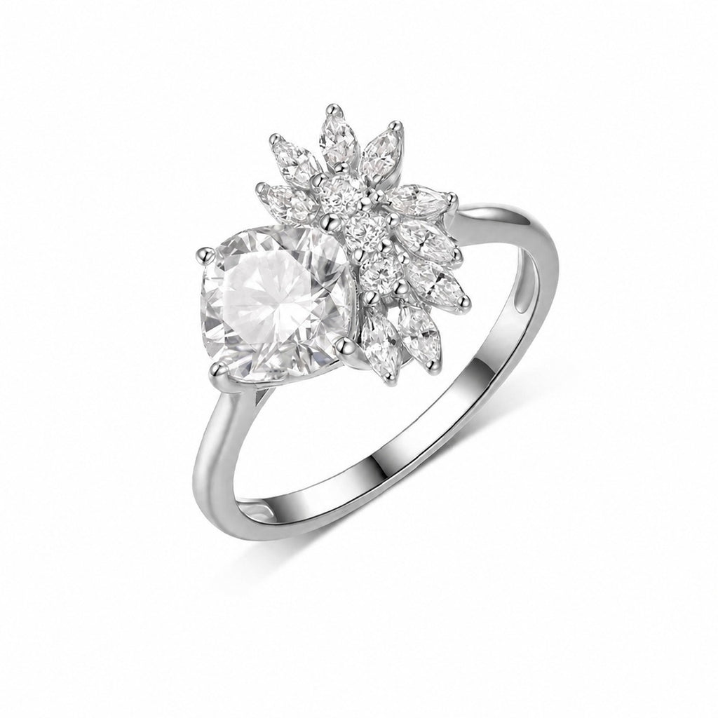 Princess Style Petal Cluster Cushion Cut Moissanite 925 Sterling Silver Ring