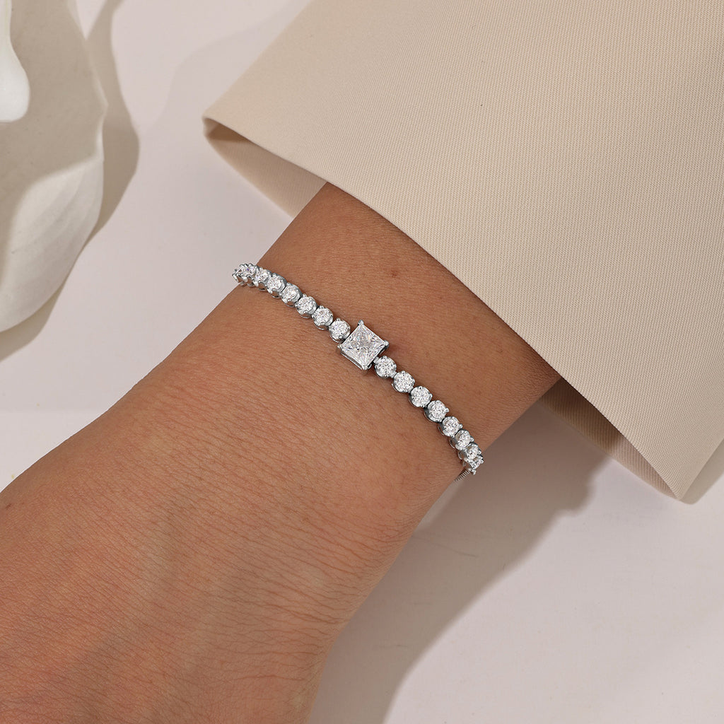 White Moissanite Geometric Princess Cut Square Center Stone Tennis Bracelet  925 Sterling Silver Adjustable Slider Chain Bracelet