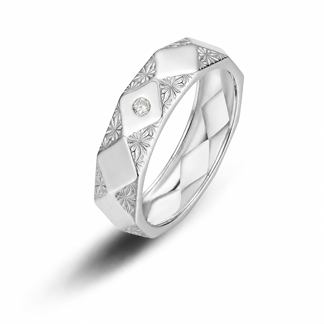 Geometric Faceted Band Moissanite Vintage 925 Sterling Silver Ring