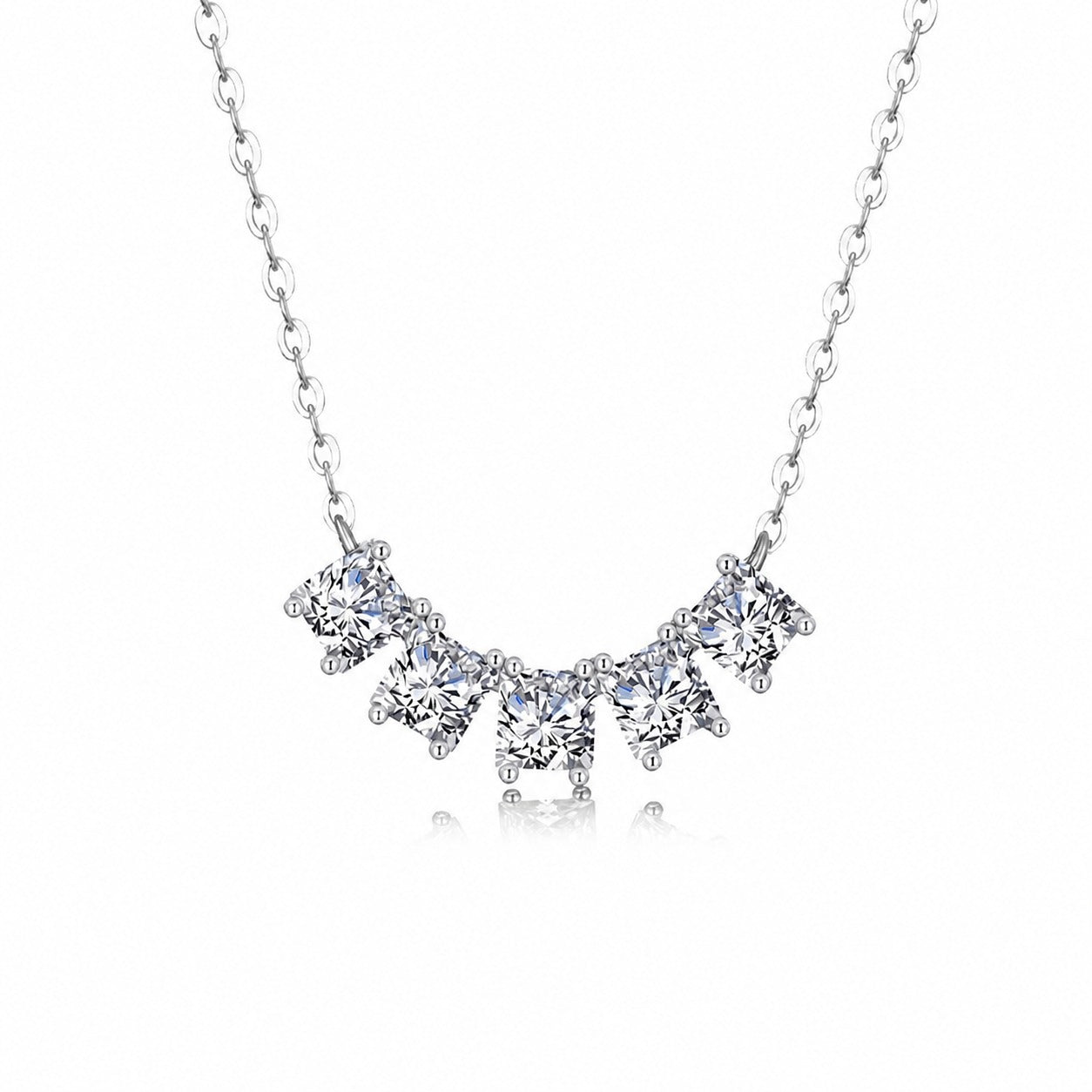 White Moissanite Geometric Five Stone Fan Curve 925 Sterling Silver Necklace