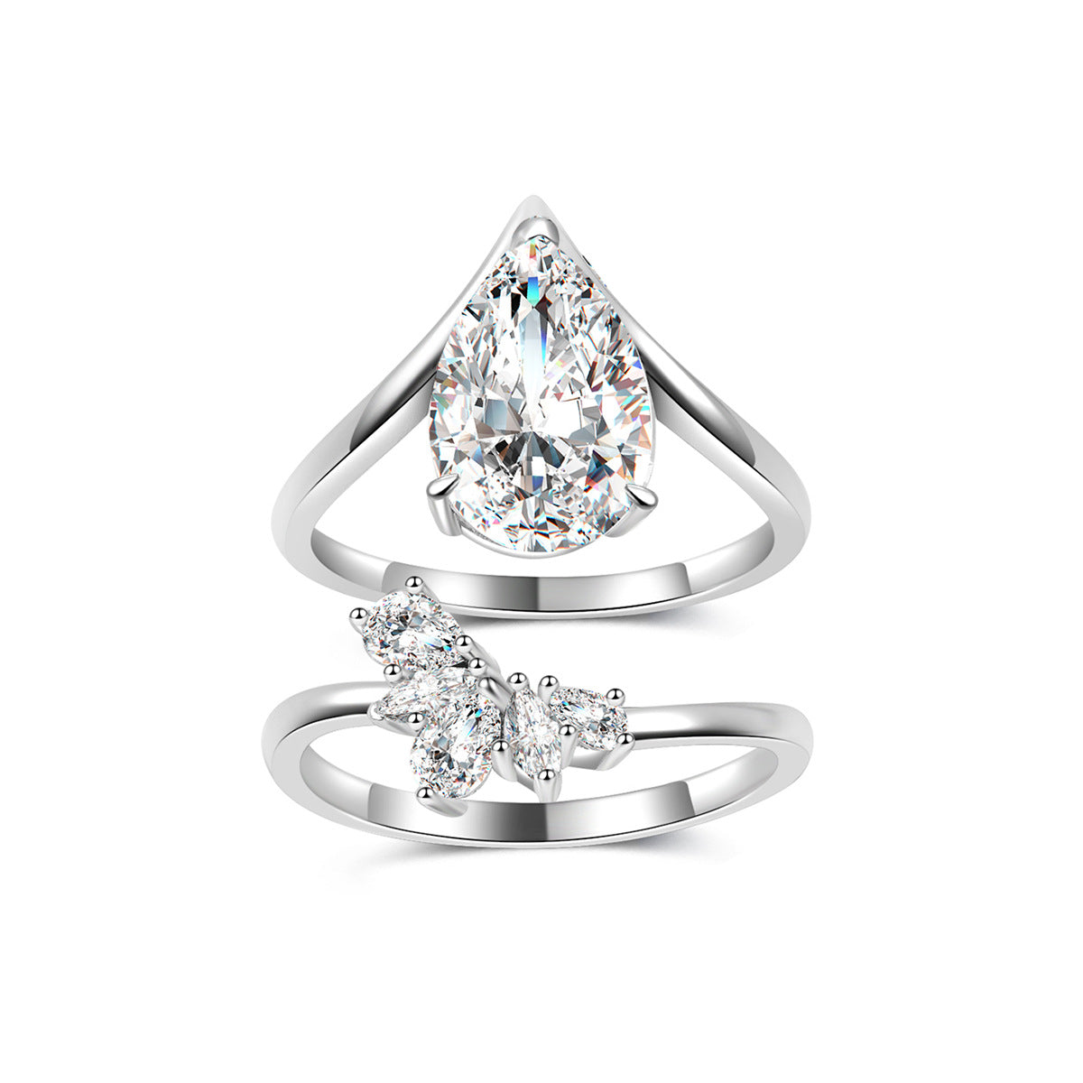 Pear Cut White Moissanite Two Piece Ring Set D Color 925 Sterling Silver Stacked Ring