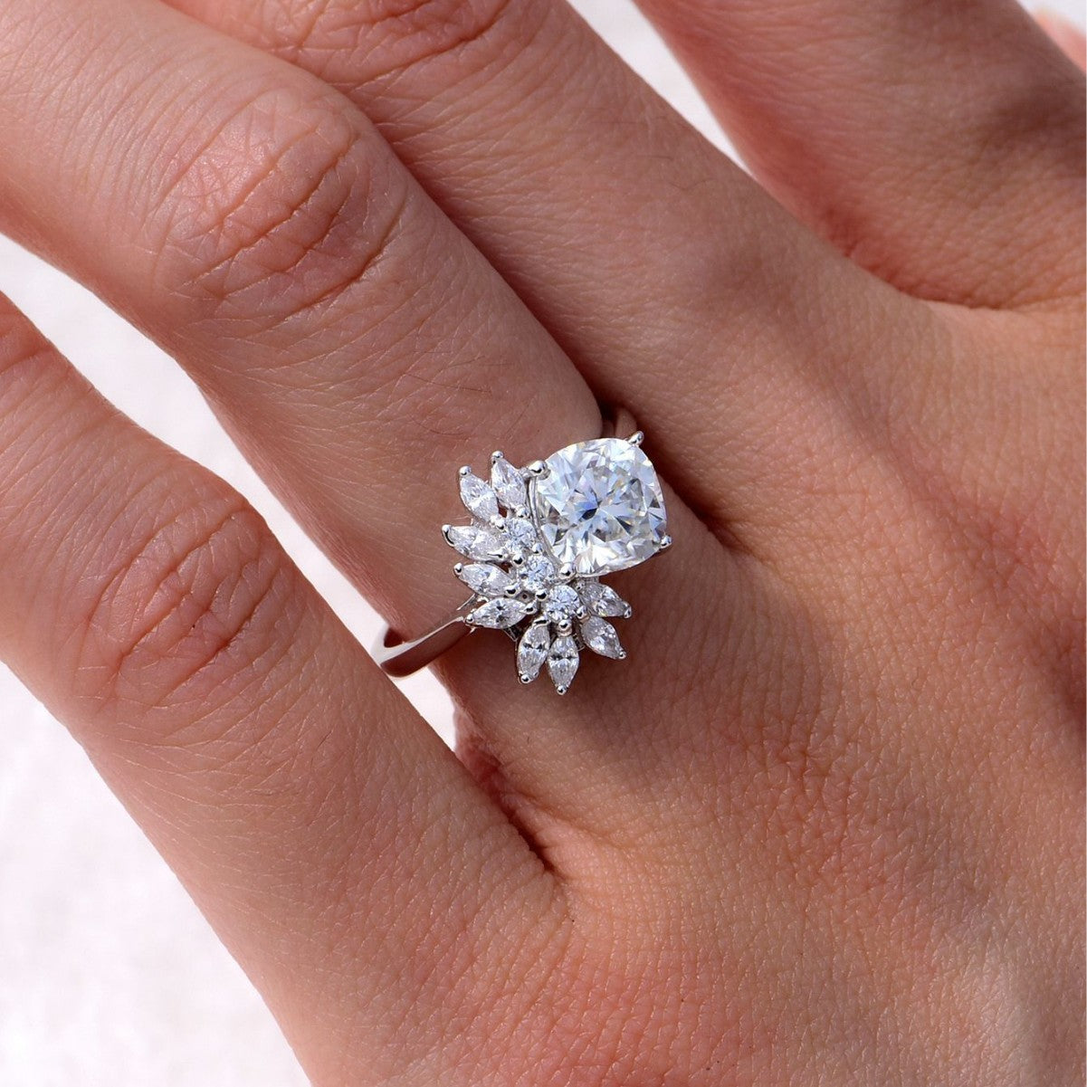 Princess Style Petal Cluster Cushion Cut Moissanite 925 Sterling Silver Ring