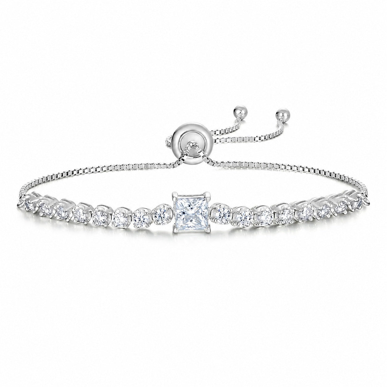 White Moissanite Geometric Princess Cut Square Center Stone Tennis Bracelet  925 Sterling Silver Adjustable Slider Chain Bracelet
