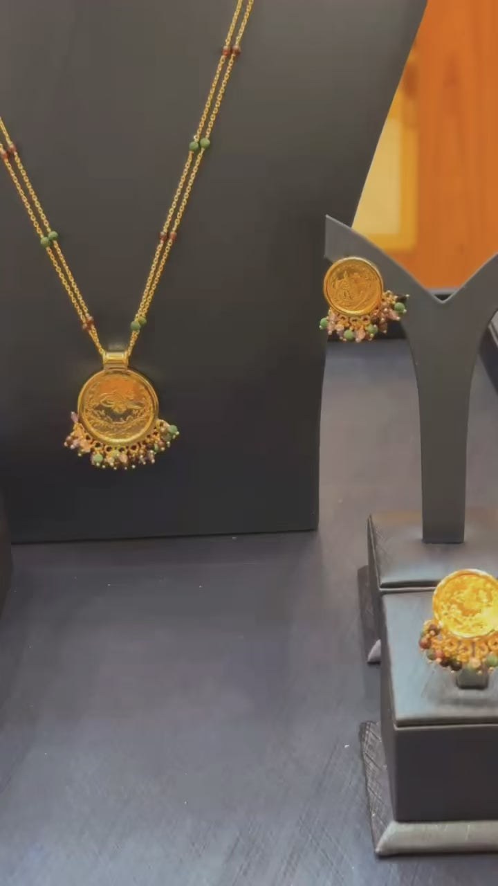 Royal Multicolor Beaded Medallion Necklace full set – 925 Sterling Silver, 21K Gold Plated Full Set